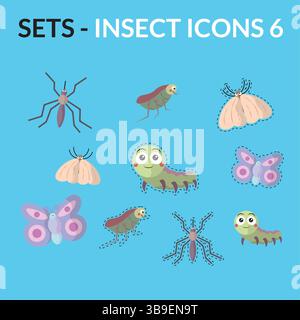 Insekten-Zeichentrickfilm-Icon-Paket. Vektorabbildung Stock Vektor