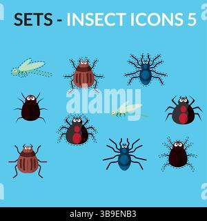 Insekten-Zeichentrickfilm-Icon-Paket. Vektorabbildung Stock Vektor