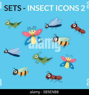 Insekten-Zeichentrickfilm-Icon-Paket. Vektorabbildung Stock Vektor