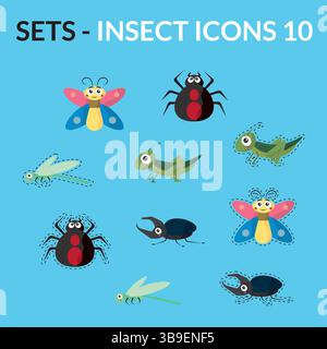 Insekten-Zeichentrickfilm-Icon-Paket. Vektorabbildung Stock Vektor
