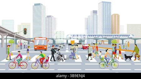 Autos an einer Straßenkreuzung in einer Großstadt mit Fußgängerübergang, Illustration Stockfoto