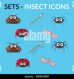 Insekten-Zeichentrickfilm-Icon-Paket. Vektorabbildung Stock Vektor