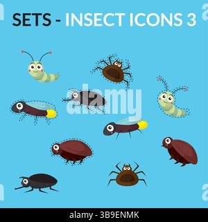 Insekten-Zeichentrickfilm-Icon-Paket. Vektorabbildung Stock Vektor