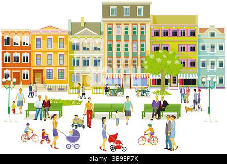 Skyline der Stadt mit Menschen, die sich im Wohngebiet wiederfinden, Illustration Stockfoto