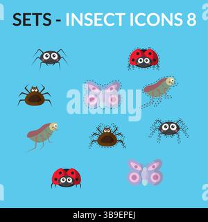 Insekten-Zeichentrickfilm-Icon-Paket. Vektorabbildung Stock Vektor