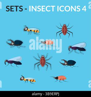 Insekten-Zeichentrickfilm-Icon-Paket. Vektorabbildung Stock Vektor