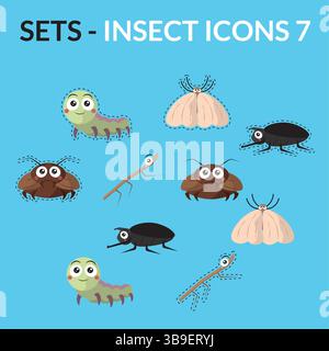 Insekten-Zeichentrickfilm-Icon-Paket. Vektorabbildung Stock Vektor