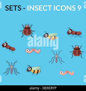 Insekten-Zeichentrickfilm-Icon-Paket. Vektorabbildung Stock Vektor