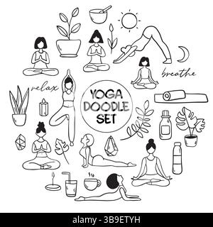 Eine kuratierte Sammlung von Yoga-Kritzeleien mit Posen und Symbolen für Wellness-Enthusiasten Stock Vektor