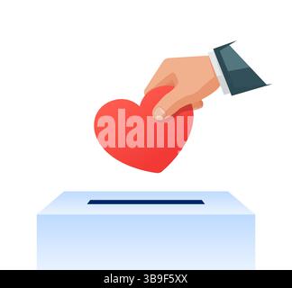 Hand, die das Herz in die Spendenbox steckt. Spende, Freiwilligenarbeit, Unterstützung, Humanismus, Wohltätigkeitskonzept. Vektorabbildung. Isoliert auf weißem Hintergrund Stock Vektor