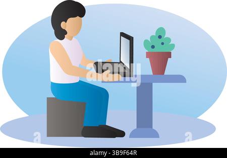 Frau, die an einem Laptop arbeitet. Vektorabbildung Stock Vektor