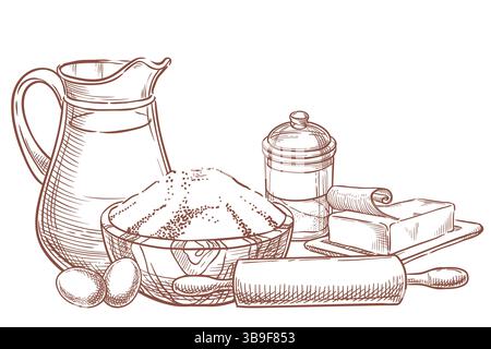 Zutaten zum Backen und Kochen isoliert auf weißem Hintergrund. Vektor Hand gezeichnete Skizze Illustration von Mehl, Milch, Butter, Zucker, Eier. Verpackungsetikett, Stock Vektor