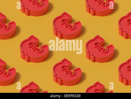 Nahtloses isometrisches Muster roter Euro-Zeichen. 3D-Abbildung. Stockfoto