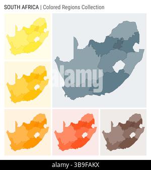 Südafrika Kartensammlung. Länderform mit farbigen Regionen. Blau, Grau, Gelb, Bernstein, Orange, Farbpaletten in tiefem Orange und Braun. Stock Vektor