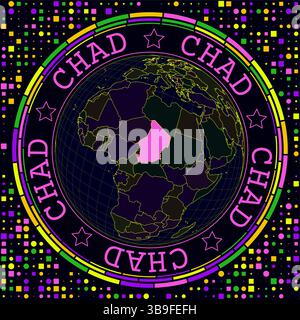 Futuristischer Tschad auf der Welt. Heller Neon-Satellitenblick auf die Welt im Zentrum des Tschad. Stock Vektor