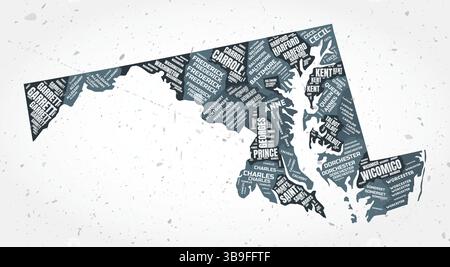 Wortwolken in Maryland Countys. Geben Sie die Form auf strukturiertem Hintergrund an. Maryland-Design im typografischen Stil. Kreative Vektorillustration. Stock Vektor