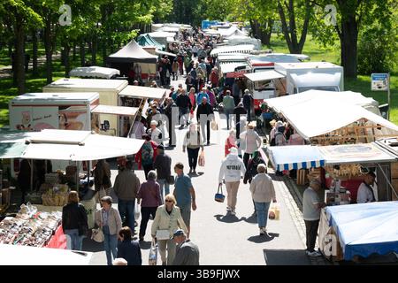 Dresden, Deutschland. Mai 2025. Die Leute laufen zwischen den Verkaufsständen am Lingnermarkt. Quelle: Sebastian Kahnert/dpa/Alamy Live News Stockfoto
