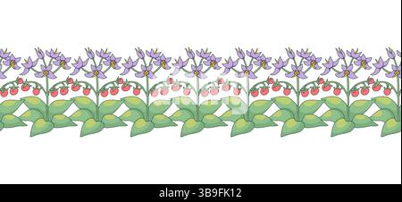 Streifenmuster mit Linienart kanarische Inseln Blumen Teneriffa Nachtschatten. Horizontaler, nahtloser Blumenrand mit handgezeichnetem Millefleur Stock Vektor