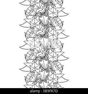 Streifenmuster mit schwarz-weißen Strichgrafiken, Blumen der kanarischen Inseln Glockenblume. Nahtloser, vertikaler Rand mit einfarbigem, handgezeichnetem Millefleur Stock Vektor