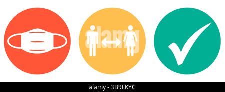 Symbole in rot orange und grün zeigen das Tragen von Maske, Abstand halten und Zecken, um vor Corona-Virus zu schützen Stockfoto