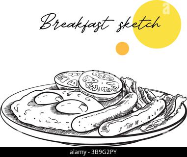 Traditionelles Frühstück auf einem Teller Seitenansicht Hand gezeichnete Vektor-Illustration. Englisches Frühstück mit Spiegeleiern, Speck, Tomaten und Fleischwürsten. Stock Vektor