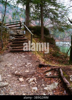 Malerischer Wanderweg mit Holztreppen neben einem ruhigen See im Wald im Herbst Stockfoto