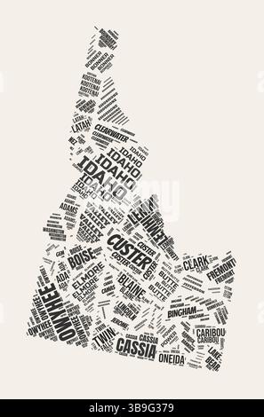 Idaho Word Cloud. Bundesland mit Bezirksabteilung. Idaho typografischer Text Wolken Vektor-Bilddesign. Statusbild im Vintage gazette-Stil. Stock Vektor