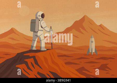 Ein Astronaut in einem Raumanzug steht auf der Marsoberfläche und blickt auf eine ferne Rakete inmitten des rauen roten Geländes und der hohen Gipfel unter einem staubigen o Stockfoto