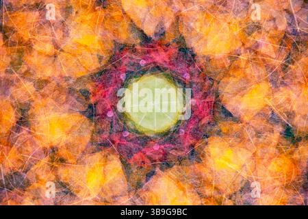 Eine detailreiche Collage mit Herbstblättern in warmen Farbtönen, die in einem kreisförmigen Muster angeordnet sind. Die Mischung aus Gelb, Rot und Orange erzeugt eine Vibr Stockfoto