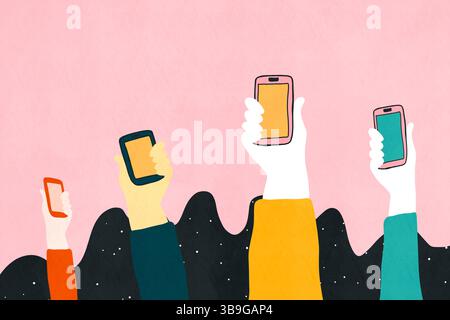 Künstlerische Illustration von vier bunten Händen, die Smartphones vor einem rosafarbenen Hintergrund halten. Perfekt für Themen wie Technologie, Kommunikation und Ziffer Stockfoto