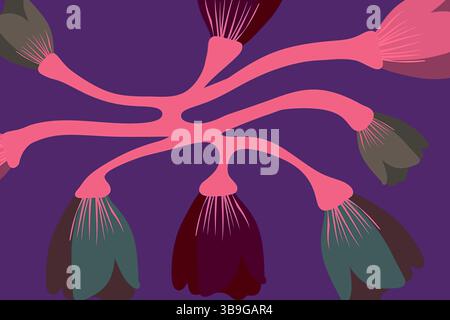 Eine lebendige abstrakte Illustration mit stilisierten Blumen mit sich überlappenden Blütenblättern in Rosa-, Rot-, Grün- und Schwarz-Tönen vor einem lila Hintergrund Stockfoto