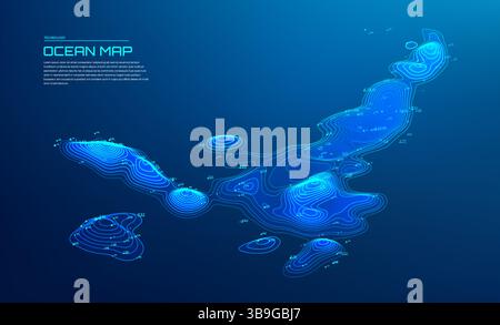 Meereskarte mit leuchtenden digitalen Konturlinien und Tiefenmessungen auf dunkelblauem Hintergrund für die Visualisierung von Meeresdaten Stock Vektor