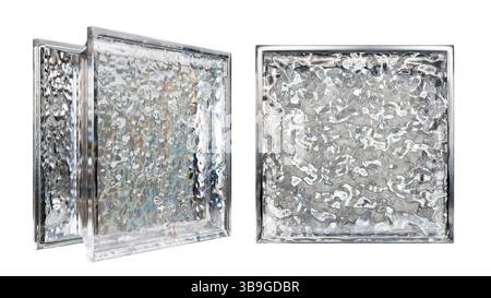 Transparenter Glasblock für die Innenarchitektur. Ästhetische und moderne Form mit strukturierter Struktur. Erfassung abstrakter Muster und Lichtverzerrungen. Bausortiment Stockfoto