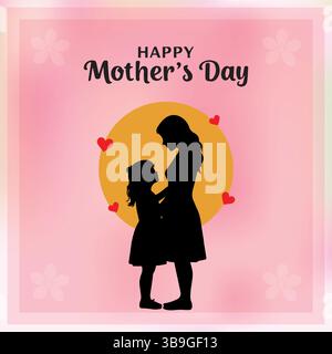 Happy Mother's Day, Mutter und Tochter Silhouette, Happy Mother's Day Silhouette mit Tochter auf rosa Blumen Hintergrund Stock Vektor