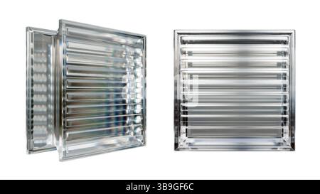 Transparenter Glasblock für die Innenarchitektur. Ästhetische und moderne Form mit strukturierter Struktur. Erfassung abstrakter Muster und Lichtverzerrungen. Bausortiment Stockfoto