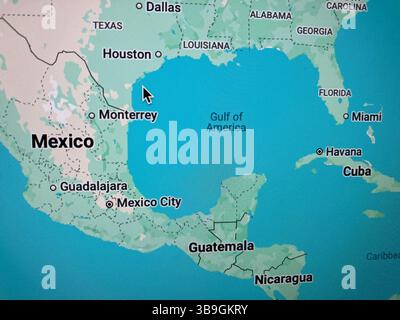 Google Maps Bild, das den Golf von Mexiko in Golf von Amerika umbenannte. Mexiko verklagt Google wegen Namensänderung für Nutzer in Amerika. Stockfoto