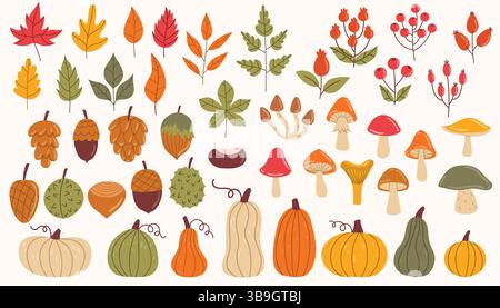 Niedliche flache Illustration mit Herbstelementen wie Cartoon-Kürbissen, bunten Blättern, Pilzen, Nüssen und Beeren. Perfekt für saisonale Dekorationen Stock Vektor