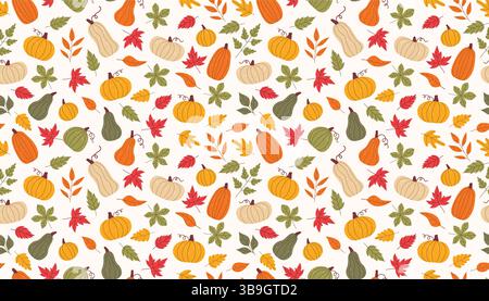 Nahtloses Herbstmuster mit leuchtenden Kürbissen und fallenden Blättern. Warmes und einladendes Design, ideal für saisonale Projekte, Stoffdrucke, Geschenkverpackung oder c Stock Vektor