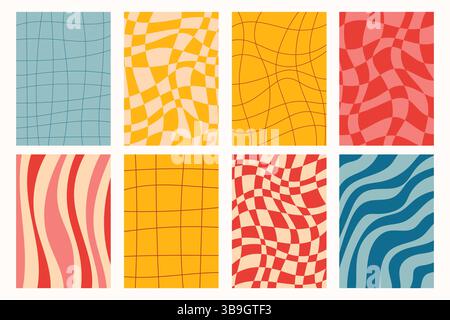 Set mit groovigen Postern mit auffälligen Karo- und Streifenmustern im Retro-Stil. Lebendige Farben, optischer Fluss und Vintage-Vibes. Farbenfrohe Dynamik, Auge- Stock Vektor