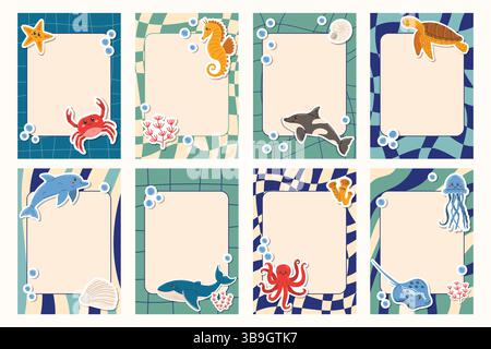 Groovige Notizen in Meeresfarben mit Rahmen und niedlichen Zeichentrickstickern. Verspieltes Layout im Meeresstil mit Retro-Mustern und einer ruhigen, farbenfrohen Atmosphäre Stock Vektor
