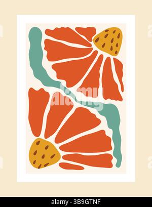 Ausdrucksstarke florale Collage mit schlichten Silhouetten und lebhaften Farbtönen, die den Cut-out-Stil von Matisse widerspiegeln. Ein modernes, von der Natur inspiriertes Kunstwerk mit auffälligen VI Stock Vektor