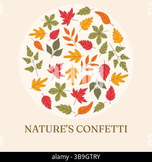 Rechteckiges Herbstposter mit kreisförmigem Anordnung farbenfroher Herbstblätter auf neutralem Hintergrund, das ein warmes, saisonales Design schafft, ideal für Dankeschön Stock Vektor