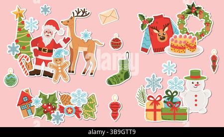 Heller Weihnachtsaufkleber Set mit Kompositionen mit Weihnachtsmann, Schneemann, Geschenken, Baum, Hirsch, hässlicher Pullover mit Hirschen, holly Beeren, Lebkuchenmann Stock Vektor