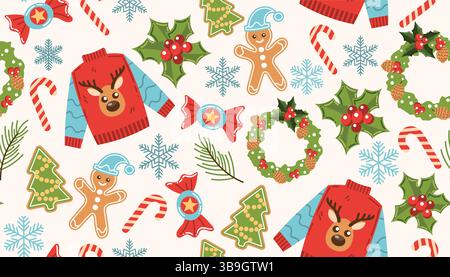 Helles nahtloses Weihnachtsmuster mit einem hässlichen Pullover mit Hirsch- und stechpalmenbeeren, Lebkuchenmann und Schneeflocken, Kranz und Süßigkeiten. Stock Vektor