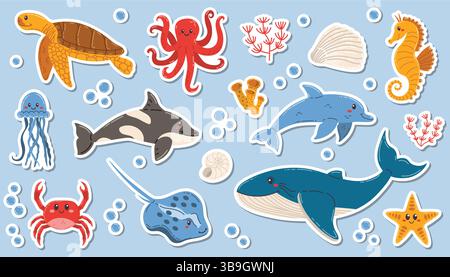 Set mit Plakaten für Meerestiere mit verspielten Charakteren wie Schildkröte, Delfin, Wale und Kraken, Korallen und Seesternen. Lustige und farbenfrohe Designs Stock Vektor