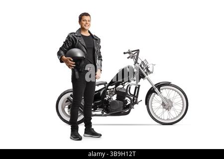 Hubschrauber und Biker in einer Lederjacke mit einem Helm isoliert auf weißem Hintergrund Stockfoto
