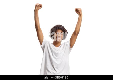 Junger afroamerikanischer Mann mit Dreadlocks, der Glück auf weißem Hintergrund gestickt hat Stockfoto
