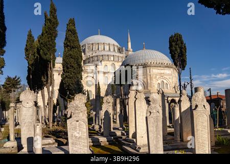 Friedhof mit osmanischen Grabsteinen vor der Suleymaniye-Moschee in Istanbul, Türkiye Stockfoto