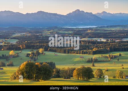 Blick vom Auerberg über das herbstliche Alpenvorland auf die Allgäuer Alpen, Bayern, Deutschland, Europa Stockfoto
