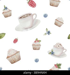 Tassen Kaffee, Himbeeren, Heidelbeeren und grüne Blätter. Nahtloses Aquarellmuster. Botanische Illustration, isoliert auf weißem Hintergrund. Für Einladungen, Design, Scrapbooking, Drucken, Küche. Stockfoto